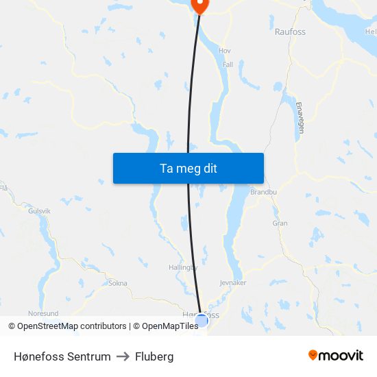 Hønefoss Sentrum to Fluberg map