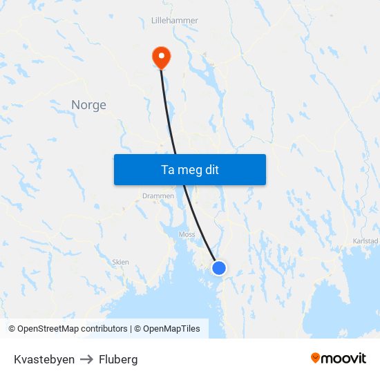 Kvastebyen to Fluberg map