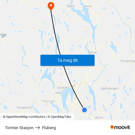 Tomter Stasjon to Fluberg map
