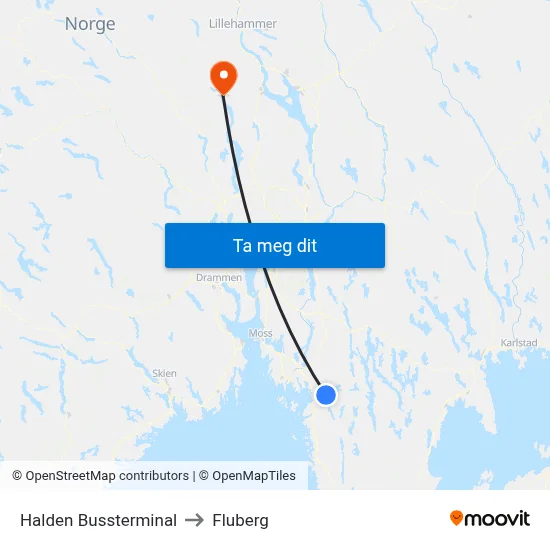 Halden Bussterminal to Fluberg map