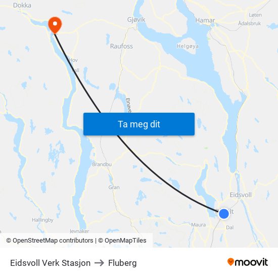 Eidsvoll Verk Stasjon to Fluberg map