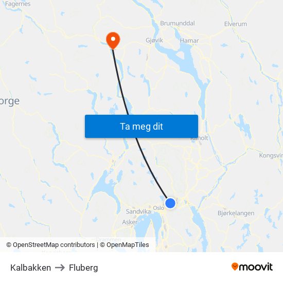 Kalbakken to Fluberg map