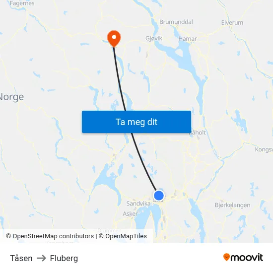Tåsen to Fluberg map