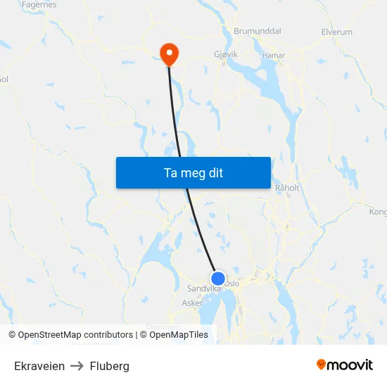 Ekraveien to Fluberg map