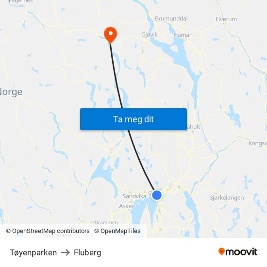 Tøyenparken to Fluberg map