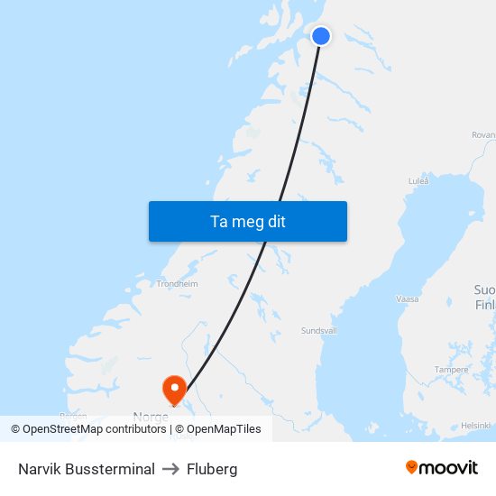 Narvik Bussterminal to Fluberg map