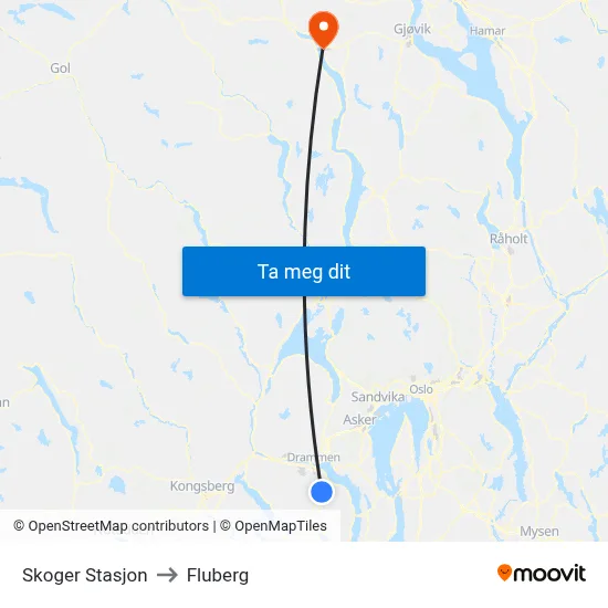 Skoger Stasjon to Fluberg map