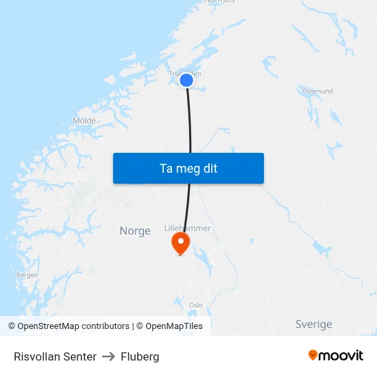 Risvollan Senter to Fluberg map