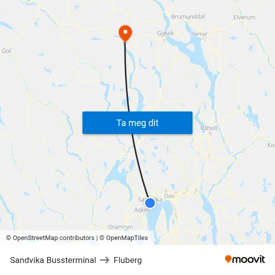 Sandvika Bussterminal to Fluberg map