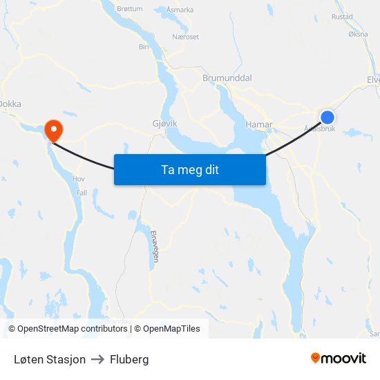 Løten Stasjon to Fluberg map