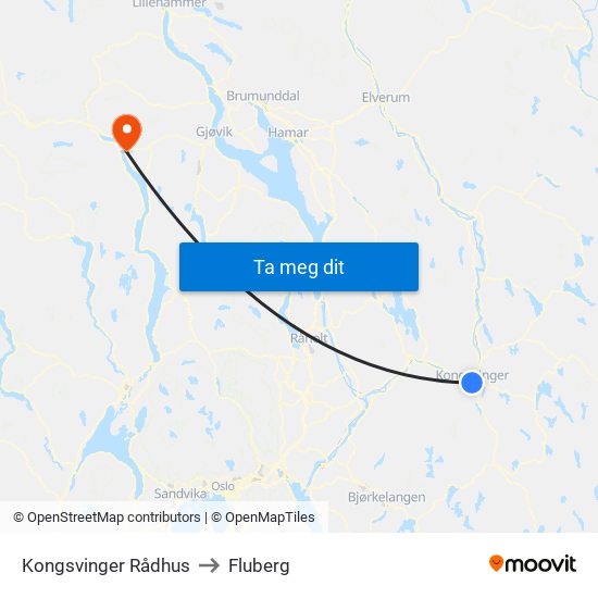 Kongsvinger Rådhus to Fluberg map