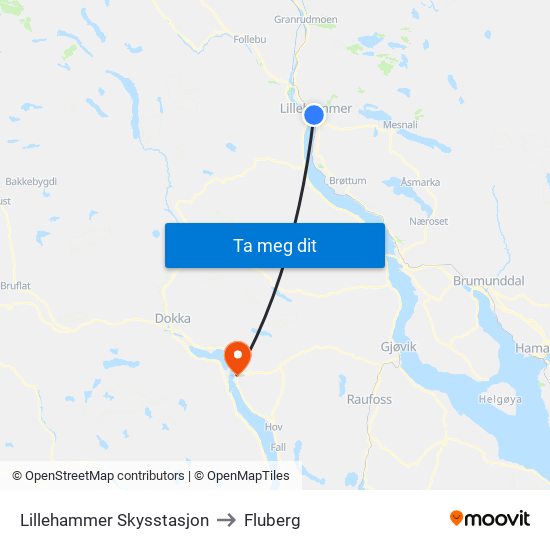 Lillehammer Skysstasjon to Fluberg map