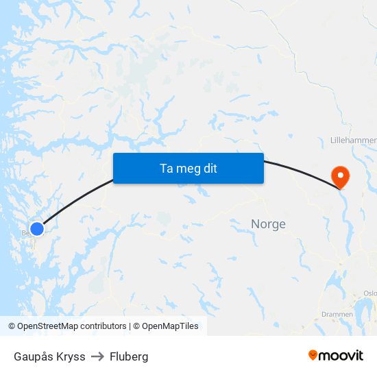 Gaupås Kryss to Fluberg map