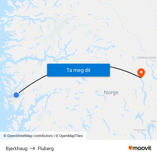 Bjørkhaug to Fluberg map
