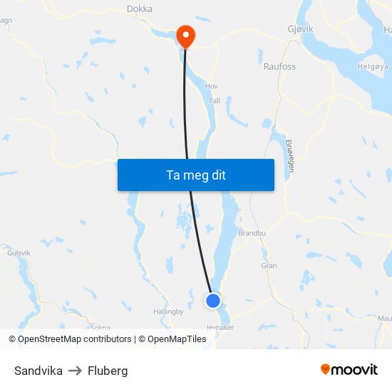 Sandvika to Fluberg map