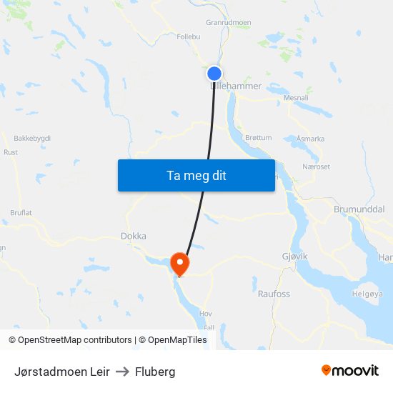Jørstadmoen Leir to Fluberg map