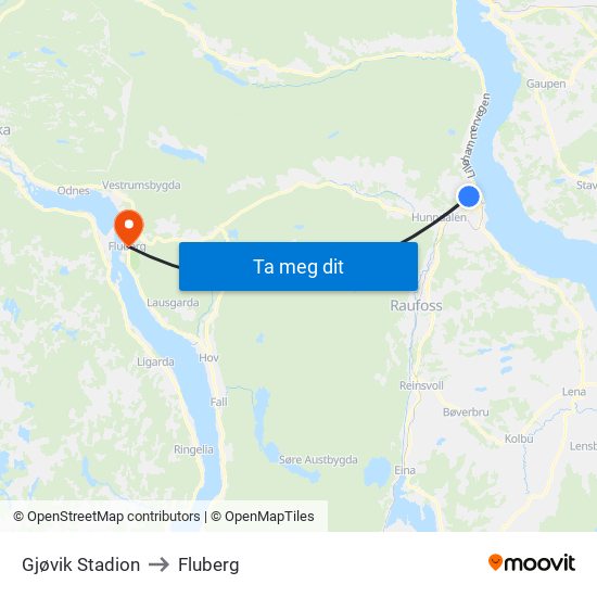 Gjøvik Stadion to Fluberg map