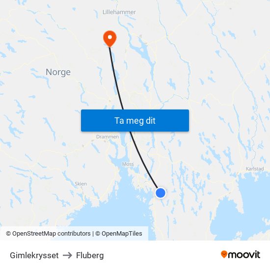 Gimlekrysset to Fluberg map