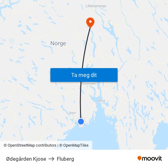 Ødegården Kjose to Fluberg map