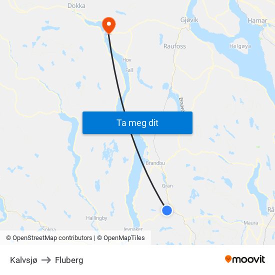 Kalvsjø to Fluberg map