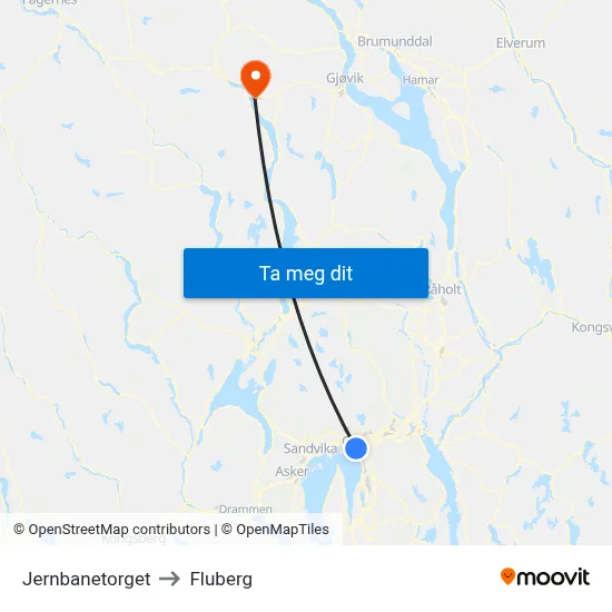 Jernbanetorget to Fluberg map