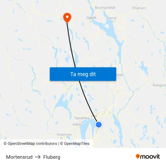 Mortensrud to Fluberg map