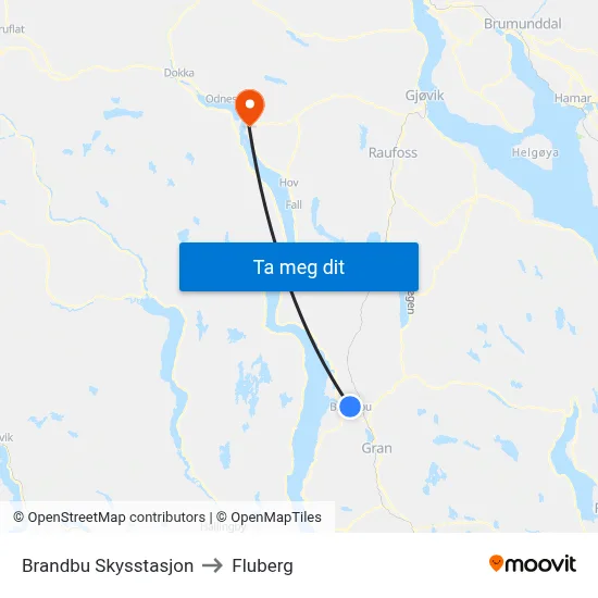 Brandbu Skysstasjon to Fluberg map