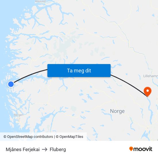 Mjånes Ferjekai to Fluberg map