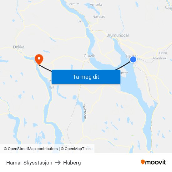 Hamar Skysstasjon to Fluberg map