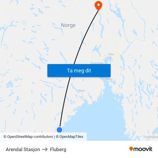 Arendal Stasjon to Fluberg map