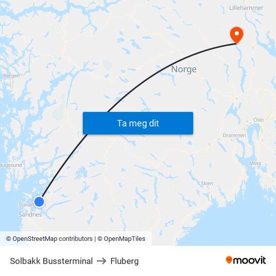 Solbakk Bussterminal to Fluberg map