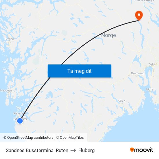 Sandnes Bussterminal Ruten to Fluberg map