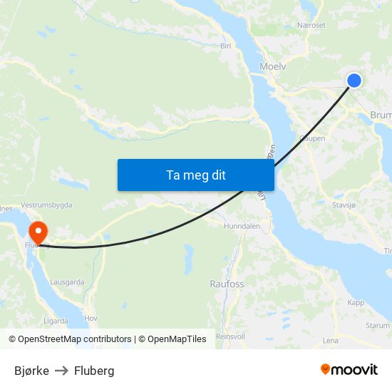 Bjørke to Fluberg map