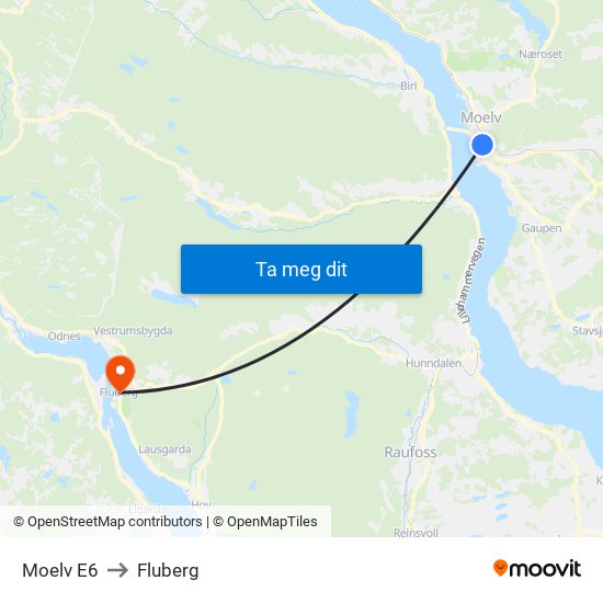 Moelv E6 to Fluberg map
