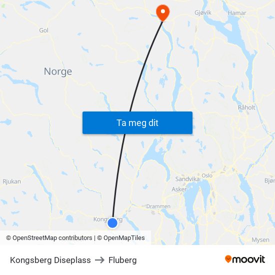 Kongsberg Diseplass to Fluberg map