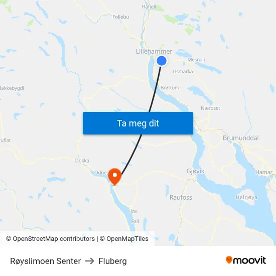 Røyslimoen Senter to Fluberg map