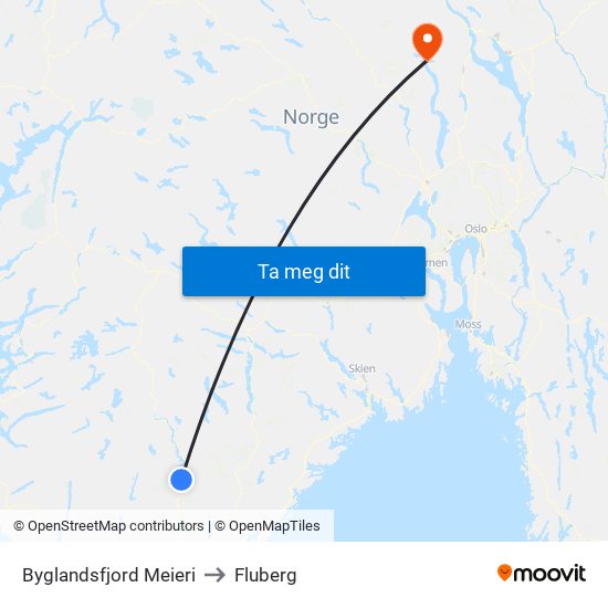 Byglandsfjord Meieri to Fluberg map