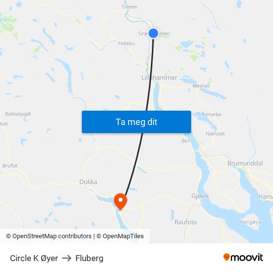 Circle K Øyer to Fluberg map