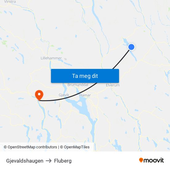 Gjevaldshaugen to Fluberg map