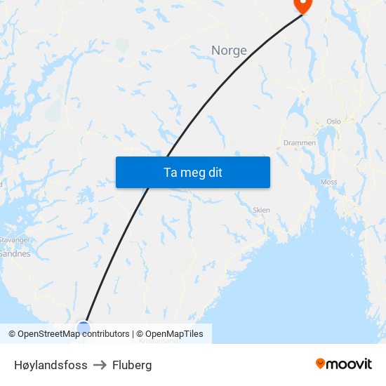 Høylandsfoss to Fluberg map