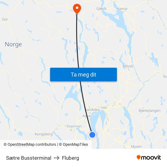 Sætre Bussterminal to Fluberg map