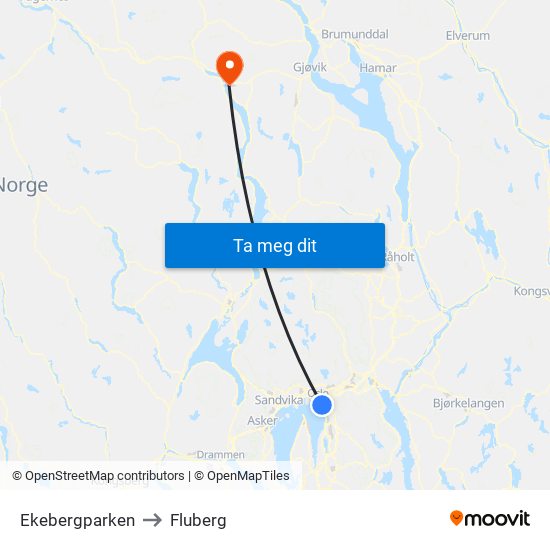 Ekebergparken to Fluberg map