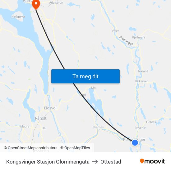 Kongsvinger Stasjon Glommengata to Ottestad map