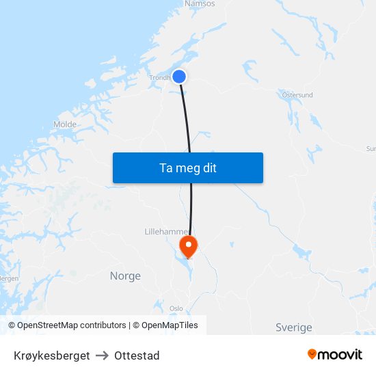 Krøykesberget to Ottestad map