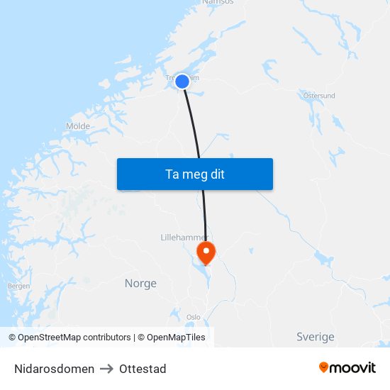 Nidarosdomen to Ottestad map