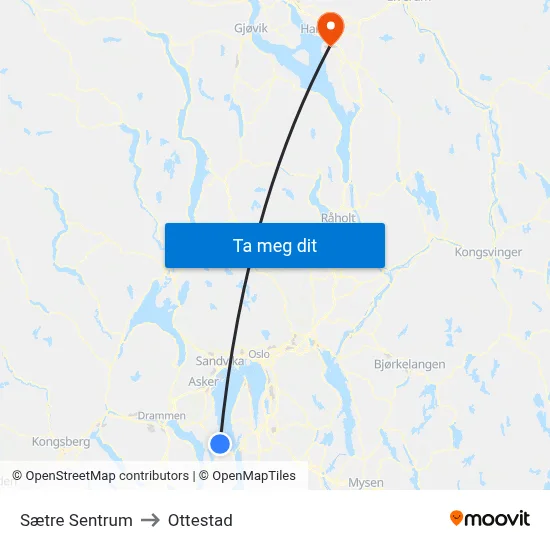 Sætre Sentrum to Ottestad map