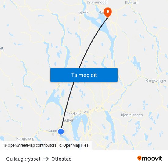 Gullaugkrysset to Ottestad map