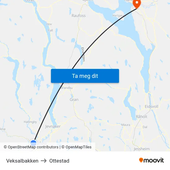 Veksalbakken to Ottestad map