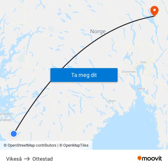 Vikeså to Ottestad map