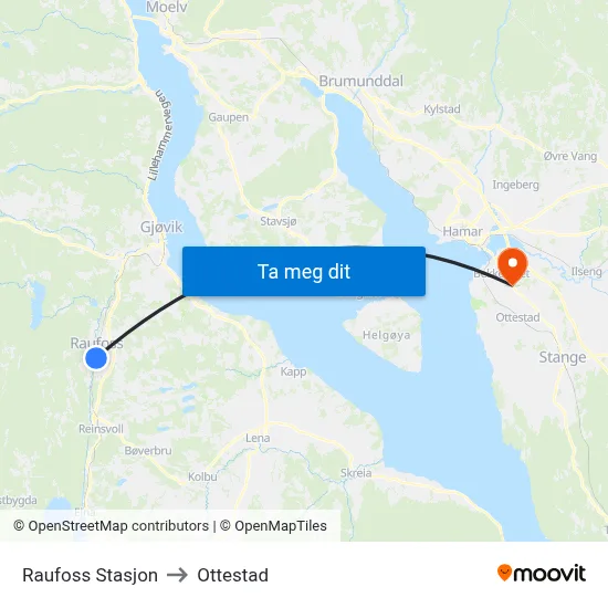 Raufoss Stasjon to Ottestad map